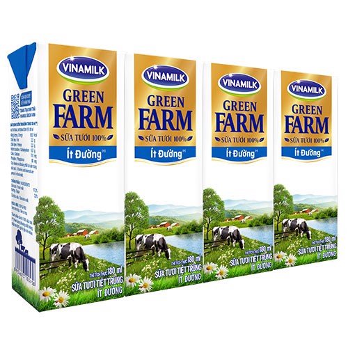 SỮA VINAMILK TUYỆT TRÙNG GREEN FARM ÍT ĐƯỜNG 180MLX4 (THÙNG 12 lốc)